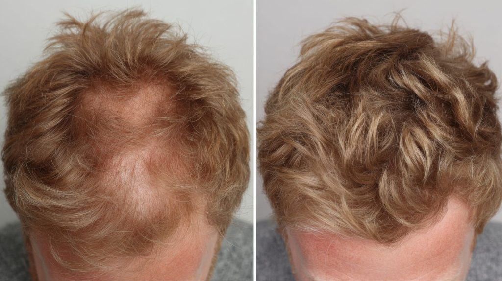 Two side-by-side photos show the top of a persons head before and after hair restoration. The left side shows thinning hair and visible scalp; the right side shows fuller, thicker hair covering the scalp.