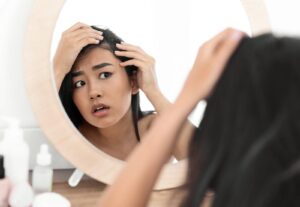 A woman looks at her scalp in a round mirror, using her hands to part her hair and examine her roots with a concerned expression. Various skincare and haircare bottles are on the table in front of her.